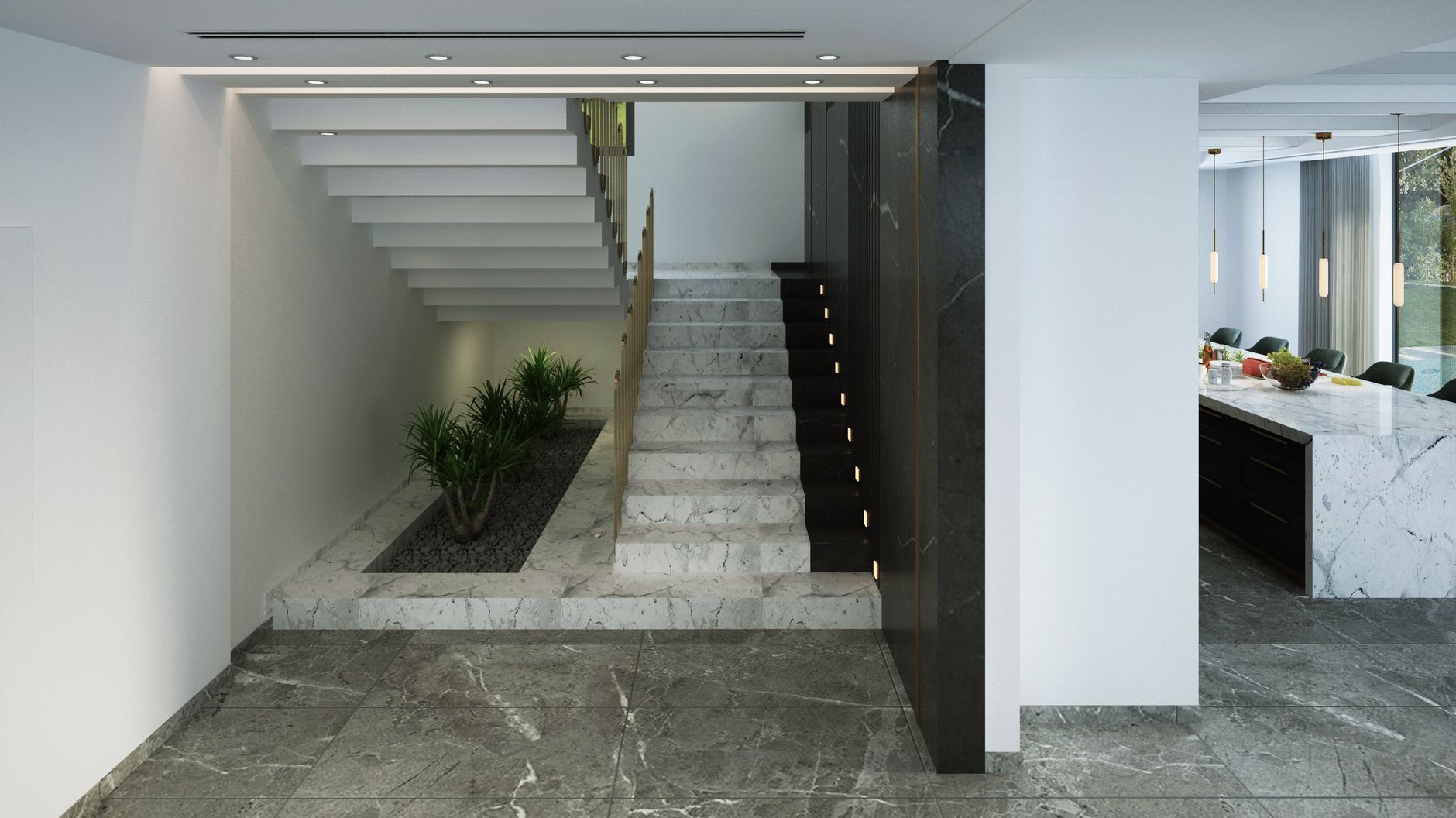 Nişantaşı Residence iç mekânı: mermer merdiven ve mutfak